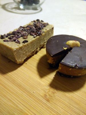 A peanutbutter cup and some sort of energy bar with the taste of oranges, both very delicious. at Theobroma in Valletta