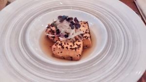 Tofu in a quinoa crust, stewed plums, spicy thai soup at Sense Eat in Paris