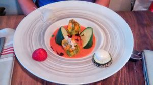 Zucchini flowers stuffed with tabbouleh, gazpacho of tomato and strawberry at Sense Eat in Paris