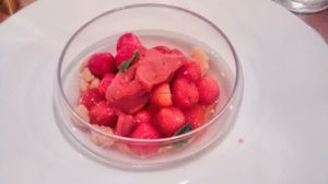 Strawberry salad, pepper jam and strawberry basil sorbet at Sense Eat in Paris