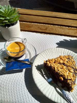 House cake with espresso  at Veganeats Caffe in Lisbon