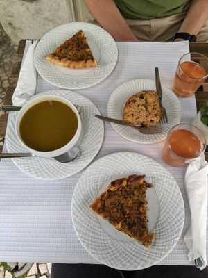 Vegan quiche, soup of the day, chocolate scone, and juices of the day! at Veganeats Caffe in Lisbon