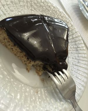 Fluffy banana cake with chocolate on top at Veganeats Caffe in Lisbon