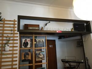 the music area inside  at Veganeats Caffe in Lisbon