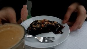 chocolate cake and gallau at Veganeats Caffe in Lisbon