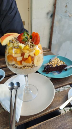 Soyjogurt with Granola and Fruits & Chocolatecake at Veganeats Caffe in Lisbon