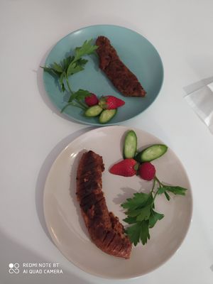 Grilled sausage (chorizo & mushrooms) at Veganeats Caffe in Lisbon