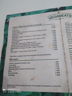 Menu for Drinks at Veganeats Caffe in Lisbon