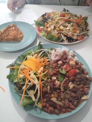 Salad with tofu. Rice with beans, tofu, and salad. at Veganeats Caffe in Lisbon