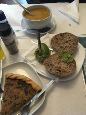 Vegetable quiche, chick peas soup and avocado toasts at Veganeats Caffe in Lisbon