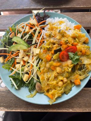 Daily dish- Curry with rice and salad at Veganeats Caffe in Lisbon