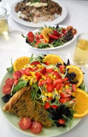 Main dish (feijoada) + salad + quiche&salad at Veganeats Caffe in Lisbon