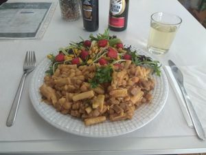 Some pasta with chickpea tofu and a sidesalad. This was the "miniprato" and is huge! at Veganeats Caffe in Lisbon