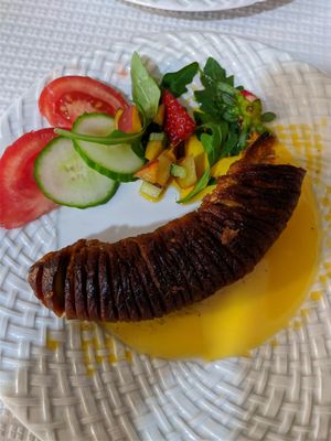 vegan roast chorizo at Veganeats Caffe in Lisbon