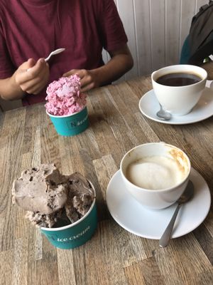 Raspberries + whisky & Oreo + salted caramel + banana. Both soy base at N'Ice Cream Factory in Warsaw