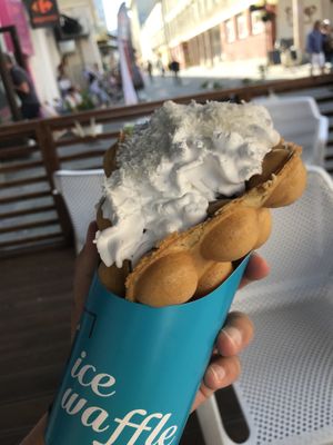 Oreo and salted caramel flavour in soy milk base, vegan whipped cream and coconut flakes at N'Ice Cream Factory in Warsaw