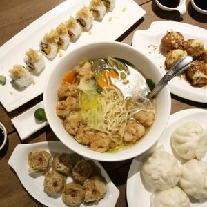 Spicy Karaage Ramen, Crispy California Maki, Steamed Mushroom Siumai, Asado Siopao, Takoyaki Balls at Agico Vegetarian Cafe - Missouri St in Metro Manila