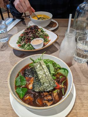 Pumpkin soup, kale Caesar, ramen at Farmacy in West London