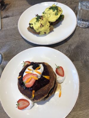 Benedict and pancakes   at Farmacy in West London