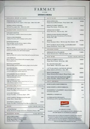 Drinks menu   at Farmacy in West London