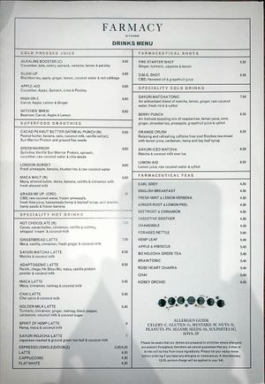 Drinks menu  at Farmacy in West London