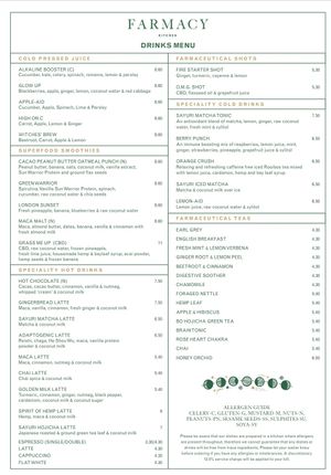 Drinks menu   at Farmacy in West London