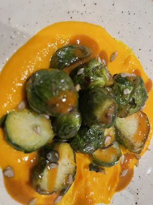 Brussel sprouts with carrot purée   at Farmacy in West London