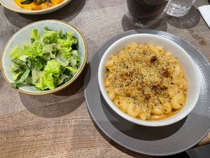 Mac and cheese with a salad.   at Farmacy in West London