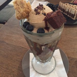 vegan brownie parfait with ice cream  at Farmacy in West London