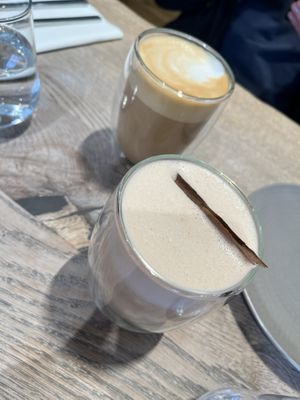 Decaf oat latte and gingerbread latte  at Farmacy in West London