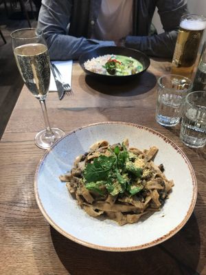 Mushroom pasta and curry at Farmacy in West London