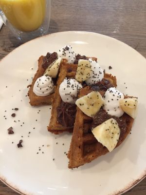 Chocolate chip waffles at Farmacy in West London