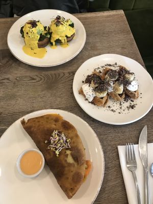 Avocado Benny, chocolate chip waffles and the protein omelet at Farmacy in West London