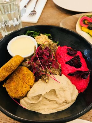 Beet hummus with sweet potato falafels at Farmacy in West London