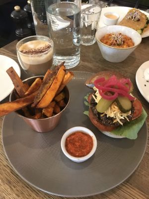 Farmacy burger and sweet potato fries   at Farmacy in West London