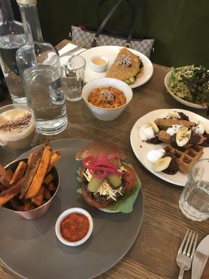 Waffles, ‘omelette’, burger and beans  at Farmacy in West London