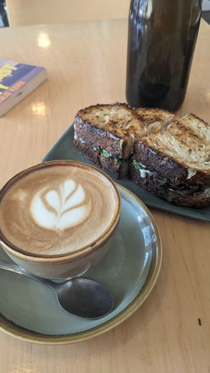 Mushroom & Truffle Sandwich and a soy flat white at Round Bird in Lilydale