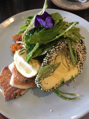 Sesame Crusted Avocado, Roasted Pumpkin and Vegan Haloumi on Sourdough  at Round Bird in Lilydale