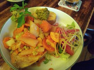 Baked potato with 'chili' (which turns out to be veggies with sweet chili sauce) at Kartoffelhaus in Eisenach