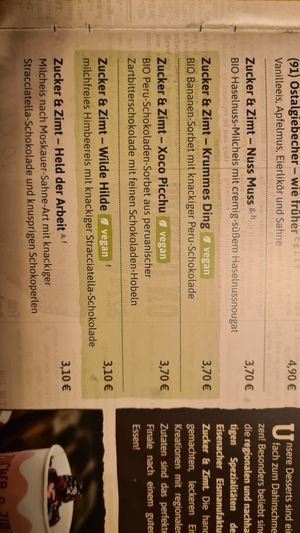 Vegan dessert options menue at Kartoffelhaus in Eisenach