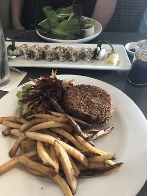 Veg burger, vegan roll (with fiddlehead!), side salad  at Hilo Bay Cafe in Hilo