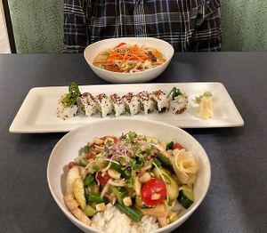 Chirashizushi, Warabi roll, Udon noodle  at Hilo Bay Cafe in Hilo