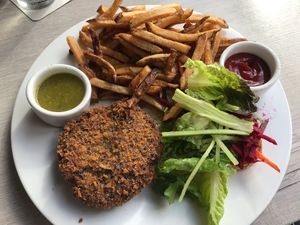 Vegan taro quinoa burger at Hilo Bay Cafe in Hilo