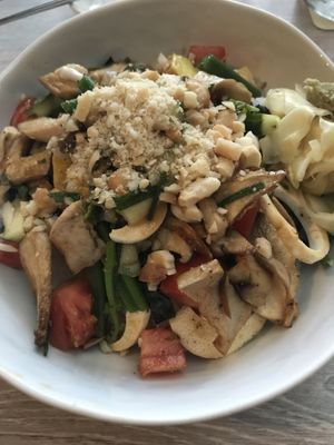 ‘Aina Chirashizushi (deconstructed sushi bowl with veggies, nori, mushrooms, and macadamia nuts over rice). Incredible flavors, and so pretty! at Hilo Bay Cafe in Hilo