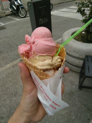 Strawberry, pistachio and crema vegano. Delicious! at Gelato Marco in Trieste