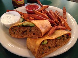 burger and sweet potato fries at Crazy Burger in Narragansett