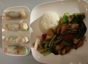 Spring rolls and stir fry at Loving Hut in Fairfield