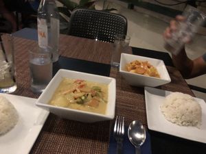 Yellow curry (made vegan) and pineapple curry ( not  vegan) at Avantika in Simpson Bay