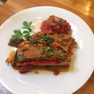 Vegan Lasagne with a Cashew Nit Cheese Sauce at Whispers Cafe in Levin