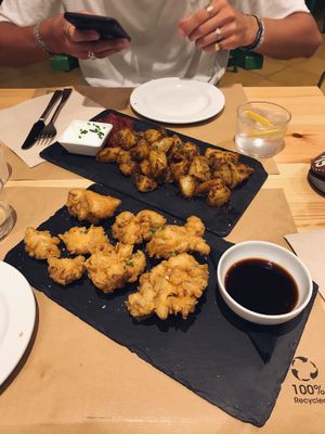 The best patatas bravas with vegan aioli and veg tempura  at Clorofil-la in Mahon